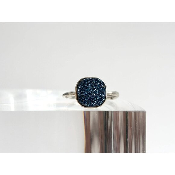 Blue Druzy Quartz Gemstone Oval Bezel Set Sterling Silver Vintage Ring - sz 10 - Picture 10 of 10